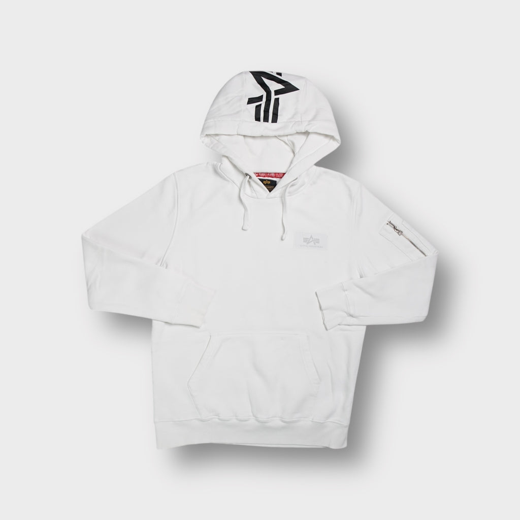 White Alpha Industries hoodie with printed logo print on the back