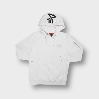 White Alpha Industries hoodie with printed logo print on the back