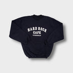 Hard Rock Cafe navy blue sweater with white Stockholm arch logo text across chest