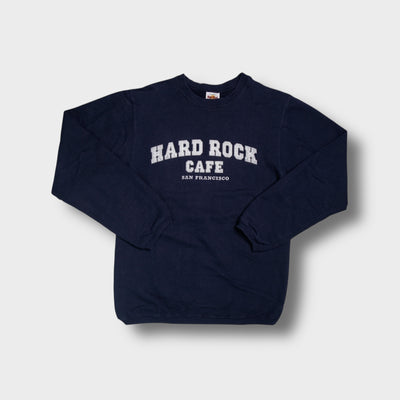 Hard Rock Cafe sweater in navy blue with San Francisco lettering embroidered on the chest.