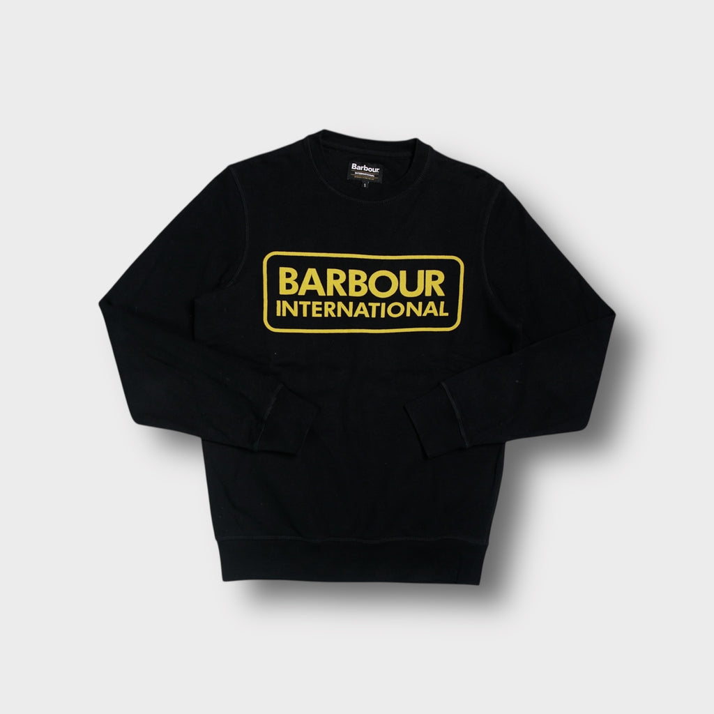 Barbour International black sweatshirt featuring a framed yellow chest logo