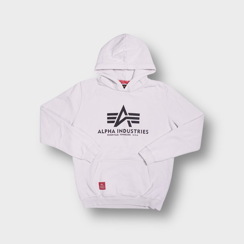 Alpha Industries hoodie in white with a black chest logo print and front pocket