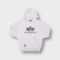 Alpha Industries hoodie in white with a black chest logo print and front pocket