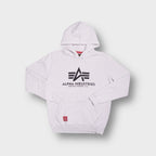 Alpha Industries hoodie in white with a black chest logo print and front pocket