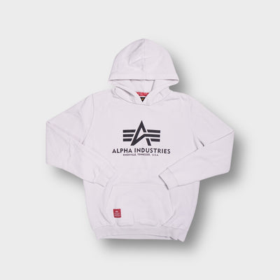 Alpha Industries hoodie in white with a black chest logo print and front pocket