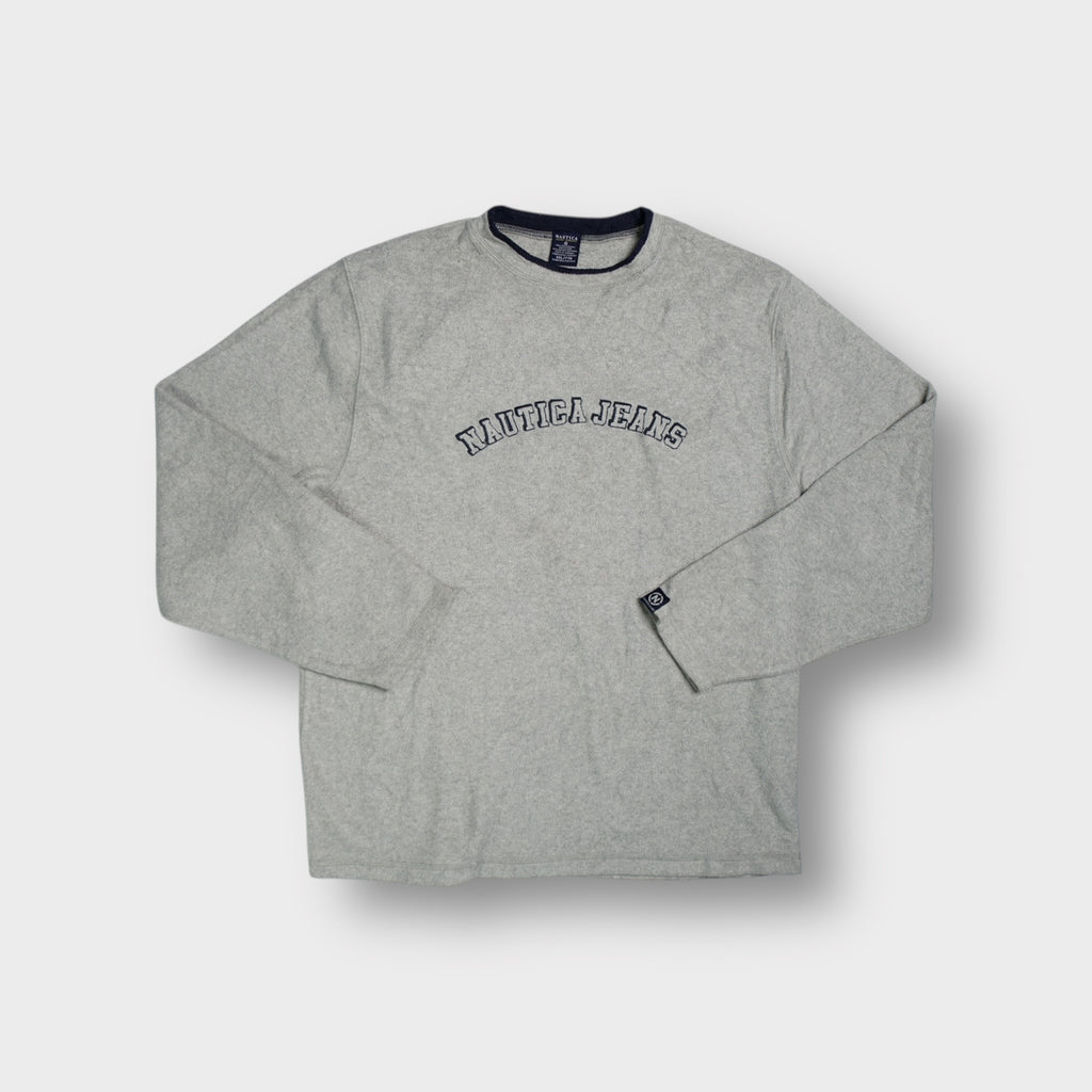 Grey Nautica fleece sweater with arched chest embroidery and dark trim collar