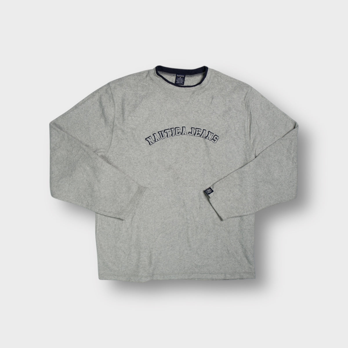 Grey Nautica fleece sweater with arched chest embroidery and dark trim collar