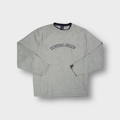 Grey Nautica fleece sweater with arched chest embroidery and dark trim collar