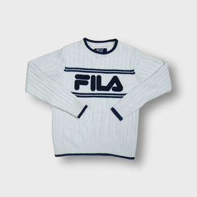 Fila creme knit sweater featuring dark blue chest logo branding and crew neck