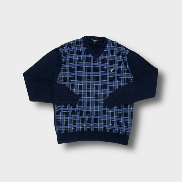 Lyle & Scott V-neck sweater in blue featuring a checked front panel and yellow eagle logo.