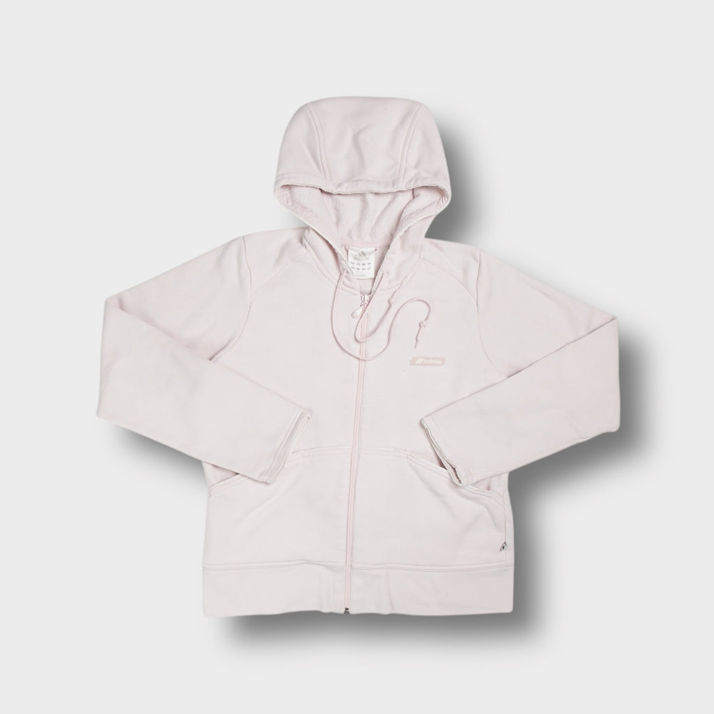 Pink adidas full-zip fleece hoodie featuring small chest logo patch and drawstrings