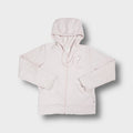 Pink adidas full-zip fleece hoodie featuring small chest logo patch and drawstrings
