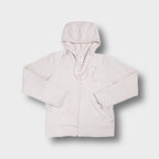 Pink adidas full-zip fleece hoodie featuring small chest logo patch and drawstrings
