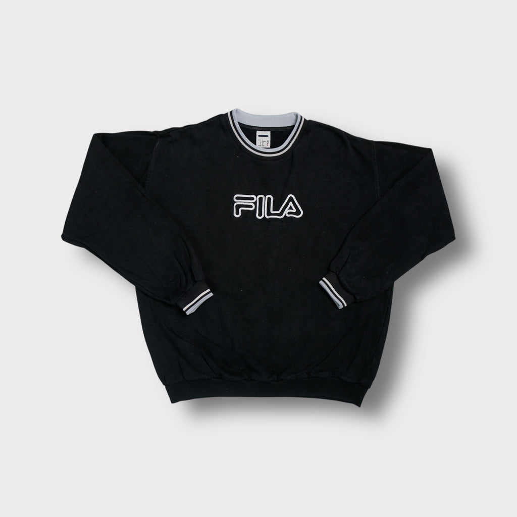 Fila crewneck sweater in navy blue with embroidered chest logo and striped collar