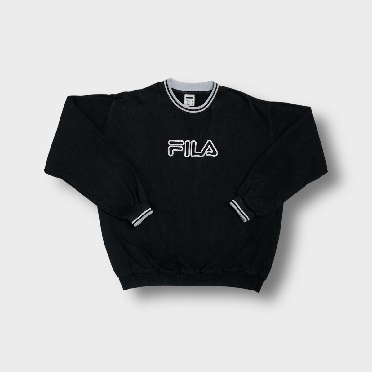 Fila crewneck sweater in navy blue with embroidered chest logo and striped collar