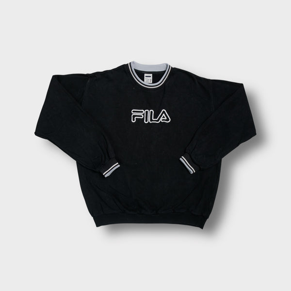 Fila crewneck sweater in navy blue with embroidered chest logo and striped collar