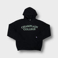 Champion black hoodie sweatshirt featuring green Champlain College chest lettering