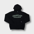 Champion black hoodie sweatshirt featuring green Champlain College chest lettering