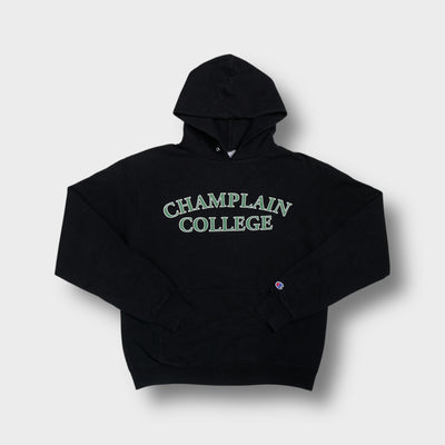 Champion black hoodie sweatshirt featuring green Champlain College chest lettering