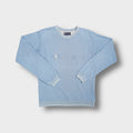 Light blue Champion crewneck sweater with white embroidered script logo across the chest