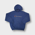 Blue Champion hoodie with white and red embroidered script logo on the chest