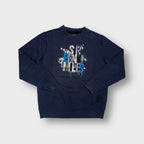 Sir Benni Miles navy blue crewneck sweater with patchwork graphic text and splatter print