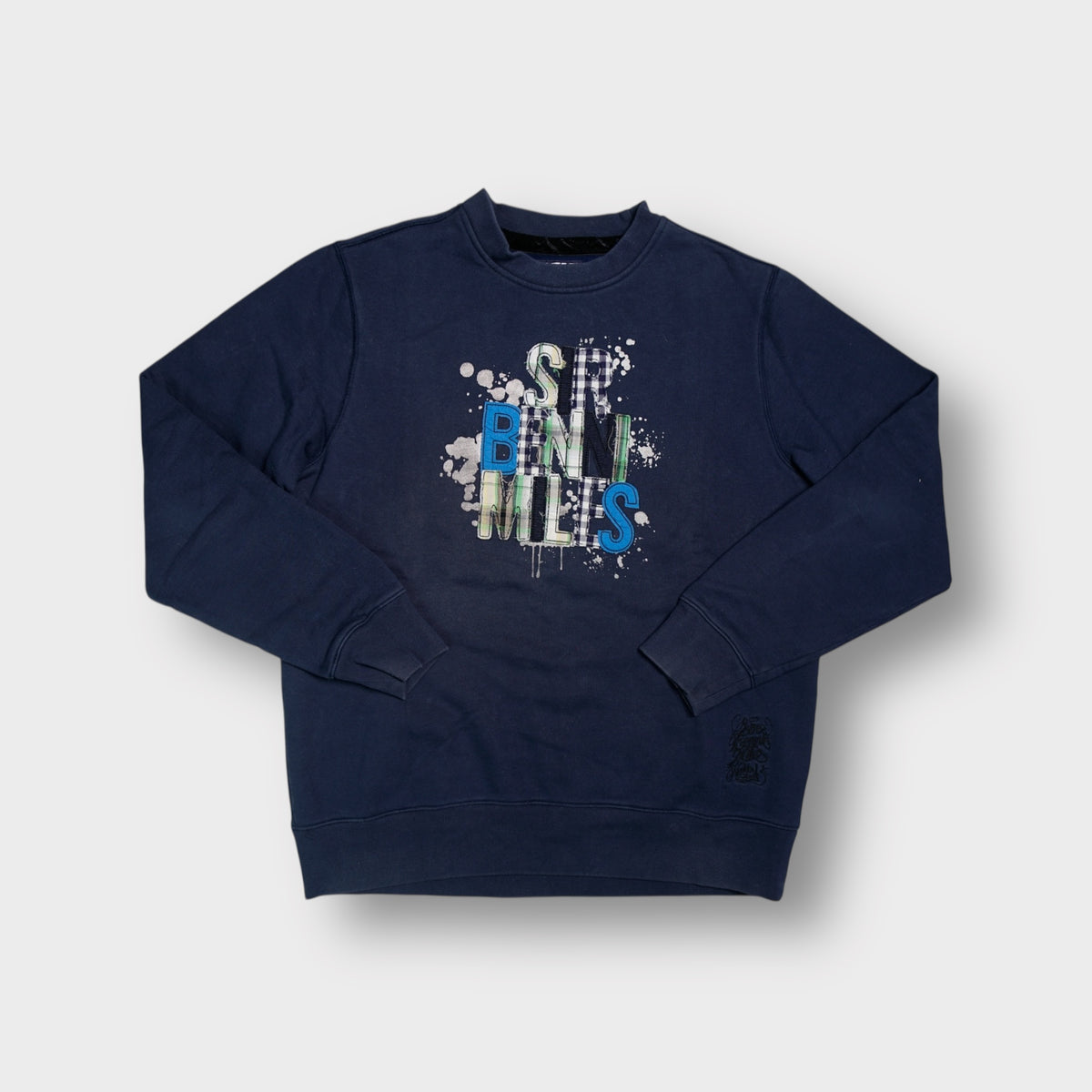 Sir Benni Miles navy blue crewneck sweater with patchwork graphic text and splatter print