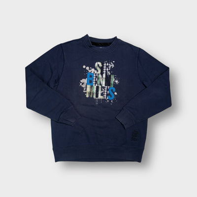 Sir Benni Miles navy blue crewneck sweater with patchwork graphic text and splatter print