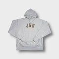 Champion grey hoodie featuring embroidered JWU university lettering across the chest