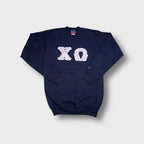 Champion sweater in blue featuring a lavender Chi Omega Greek letter applique on the chest.