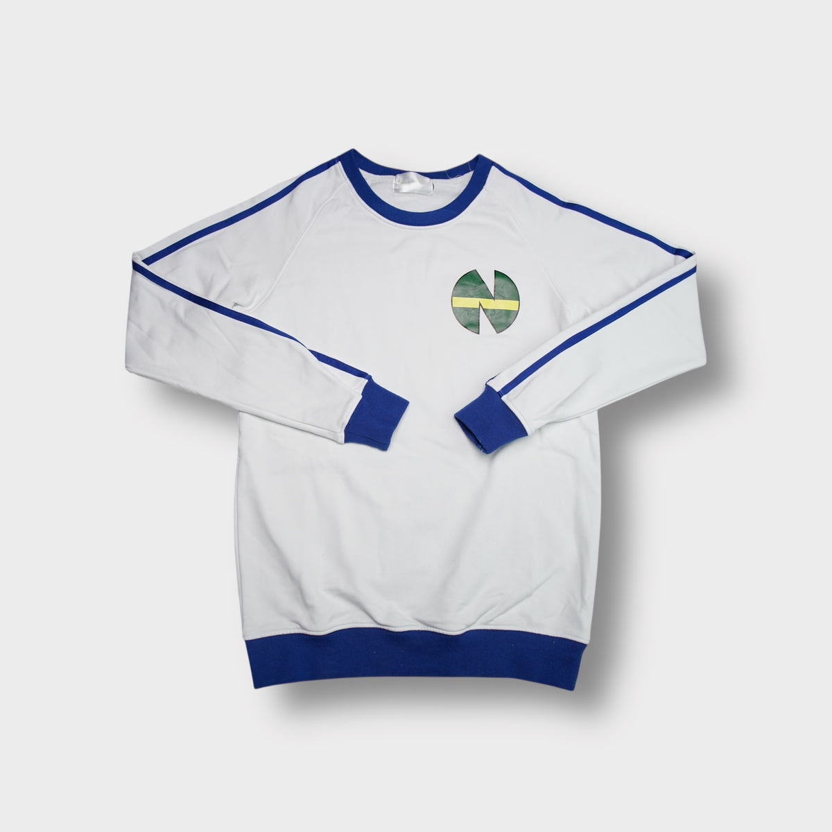 Vintage Captain Tsubasa sweater in white with blue trim and Nankatsu chest logo