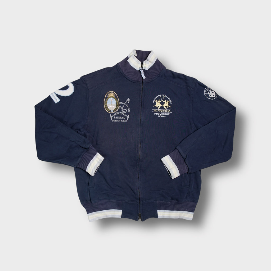 La Martina polo sweatjacket in navy blue with Argentine polo tournament embroidery.
