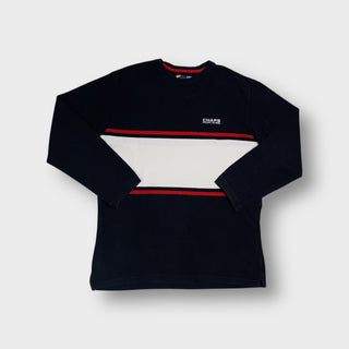 Ralph Lauren sweater in navy blue with a central white chest band and embroidered logo.