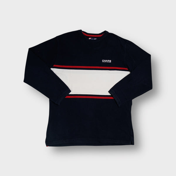 Ralph Lauren sweater in navy blue with a central white chest band and embroidered logo.