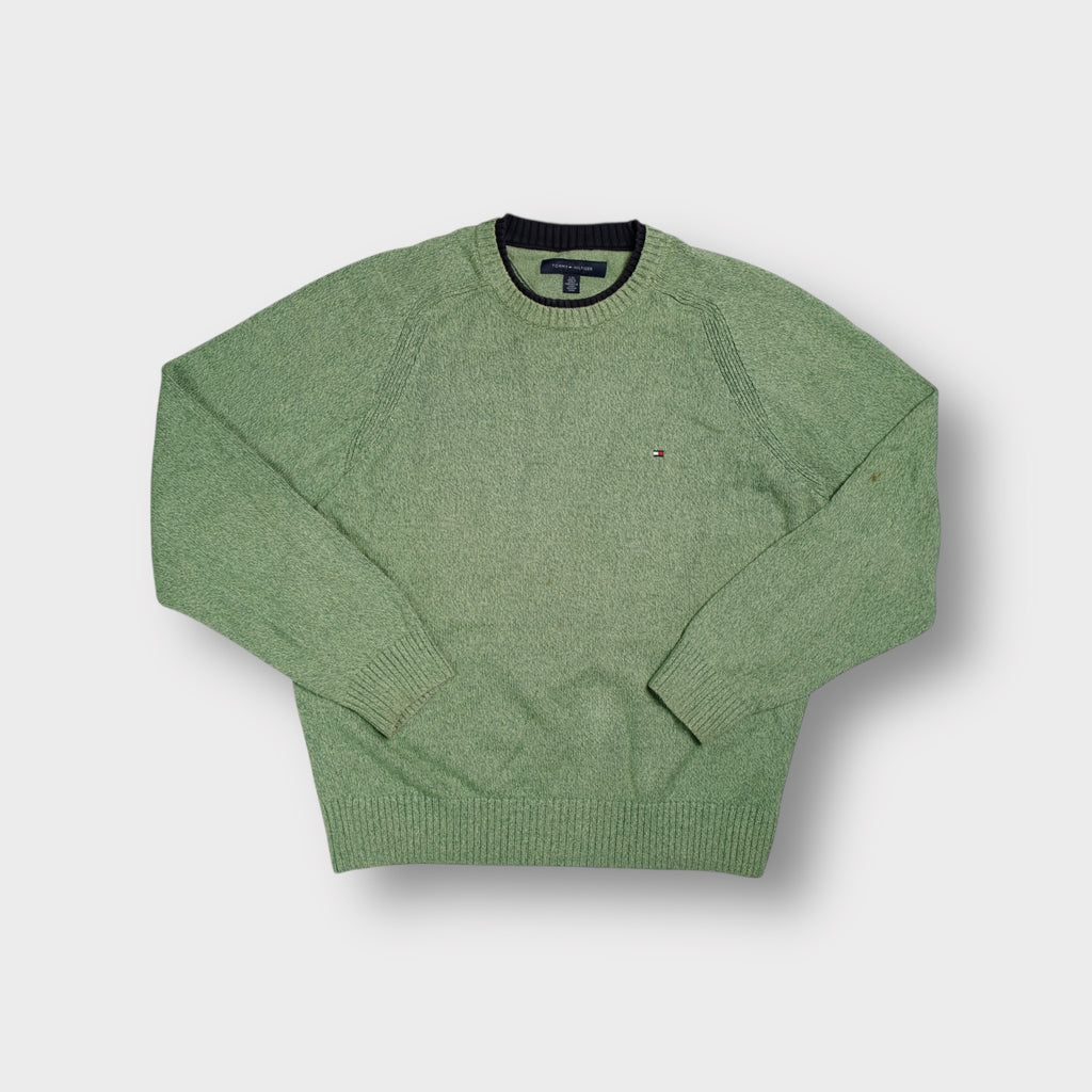 Green Tommy Hilfiger knit sweater with embroidered flag logo on chest