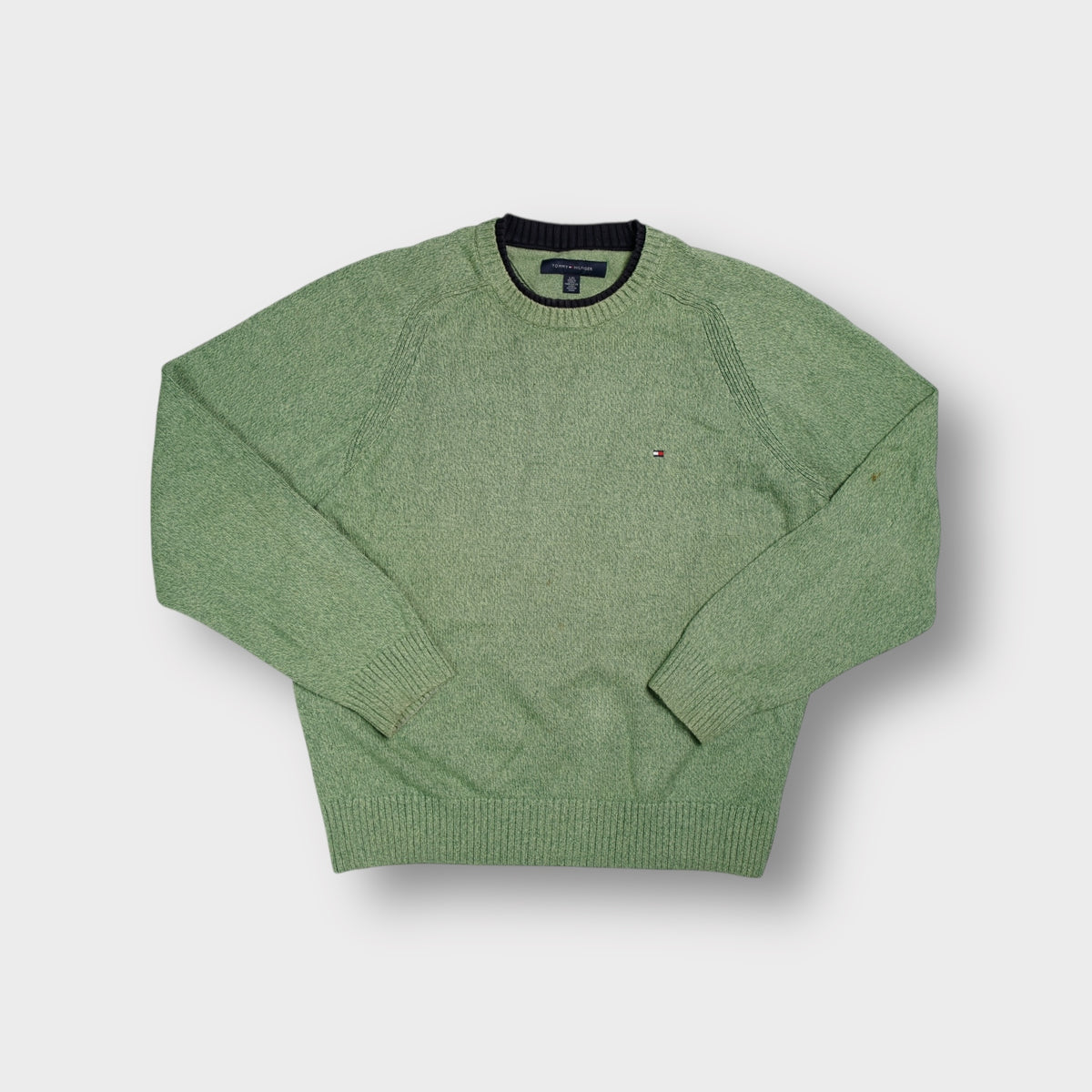 Green Tommy Hilfiger knit sweater with embroidered flag logo on chest