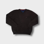 Tommy Hilfiger knit sweater in brown featuring a small embroidered flag logo on the chest