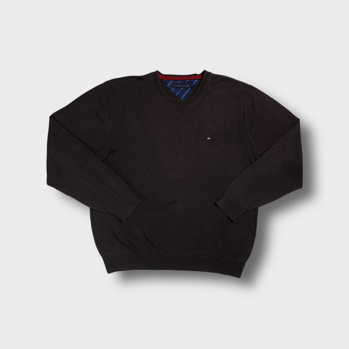 Tommy Hilfiger knit sweater in brown featuring a small embroidered flag logo on the chest