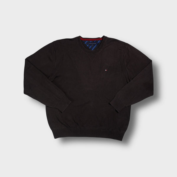 Tommy Hilfiger knit sweater in brown featuring a small embroidered flag logo on the chest