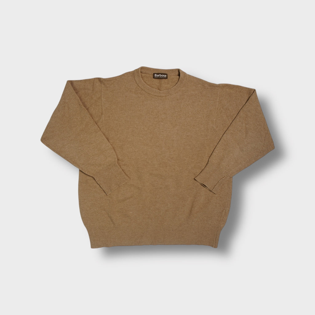 Barbour beige knit sweater with ribbed crew neck and neck tag