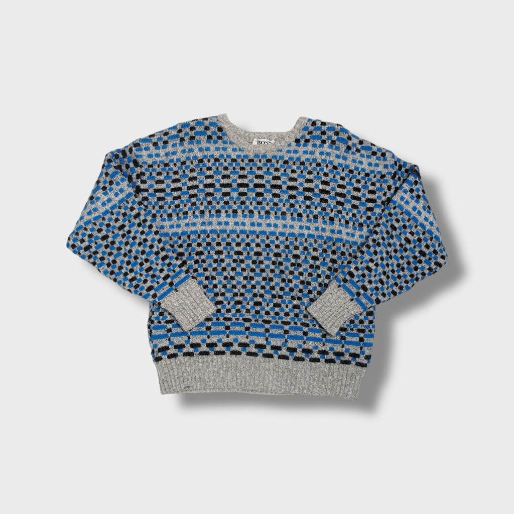 Hugo Boss crew-neck knit sweater in grey featuring a blue and black geometric pattern.