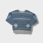 Hugo Boss crew-neck knit sweater in grey featuring a blue and black geometric pattern.