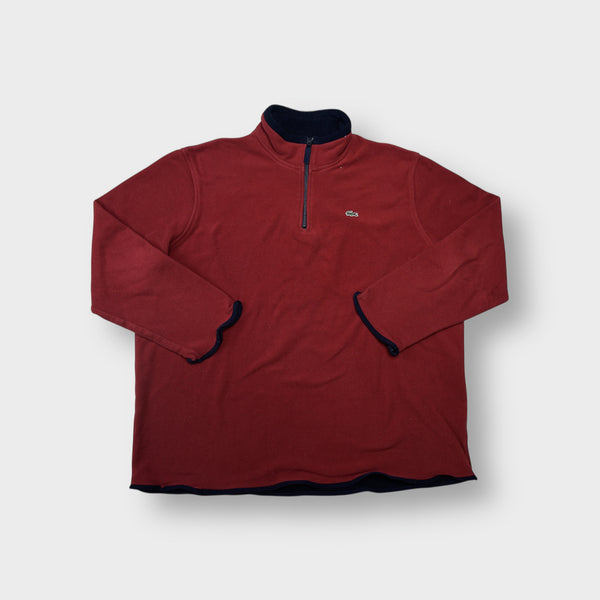 Lacoste red fleece pullover sweater with half-zip collar and crocodile logo