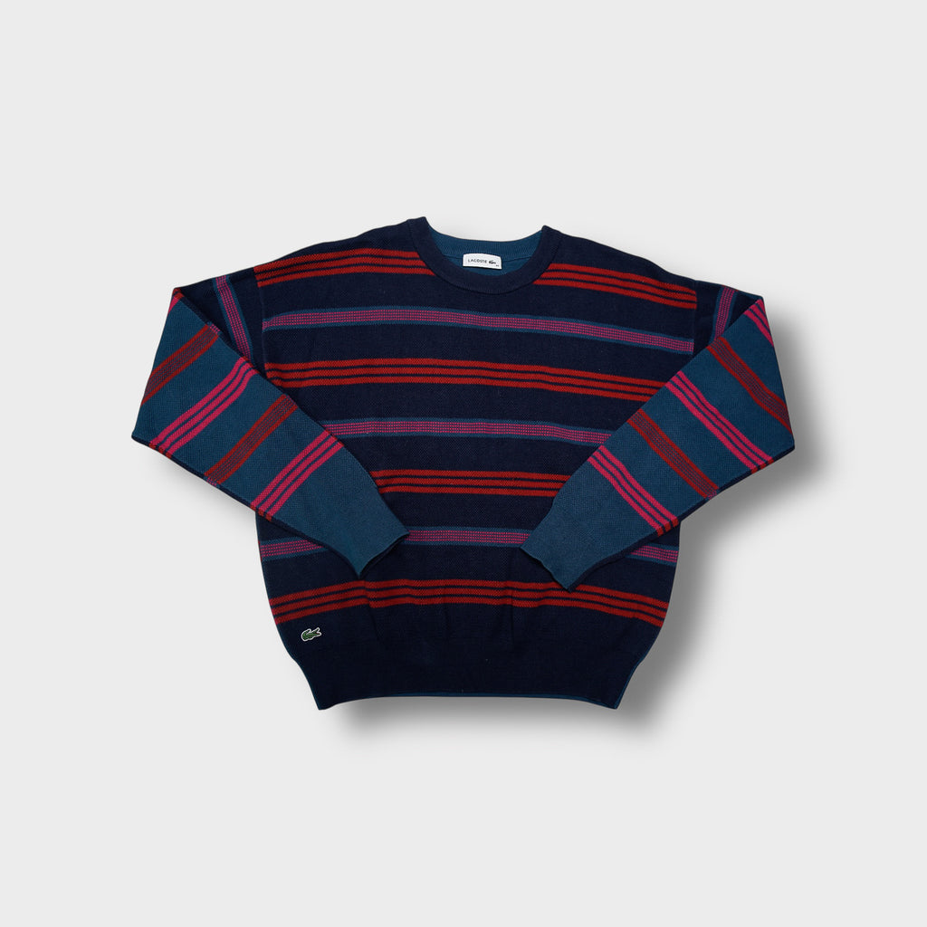 Lacoste knit sweater in navy blue with horizontal red stripes and embroidered crocodile patch