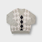 Lacoste knit sweater in beige with argyle pattern and embroidered crocodile logo