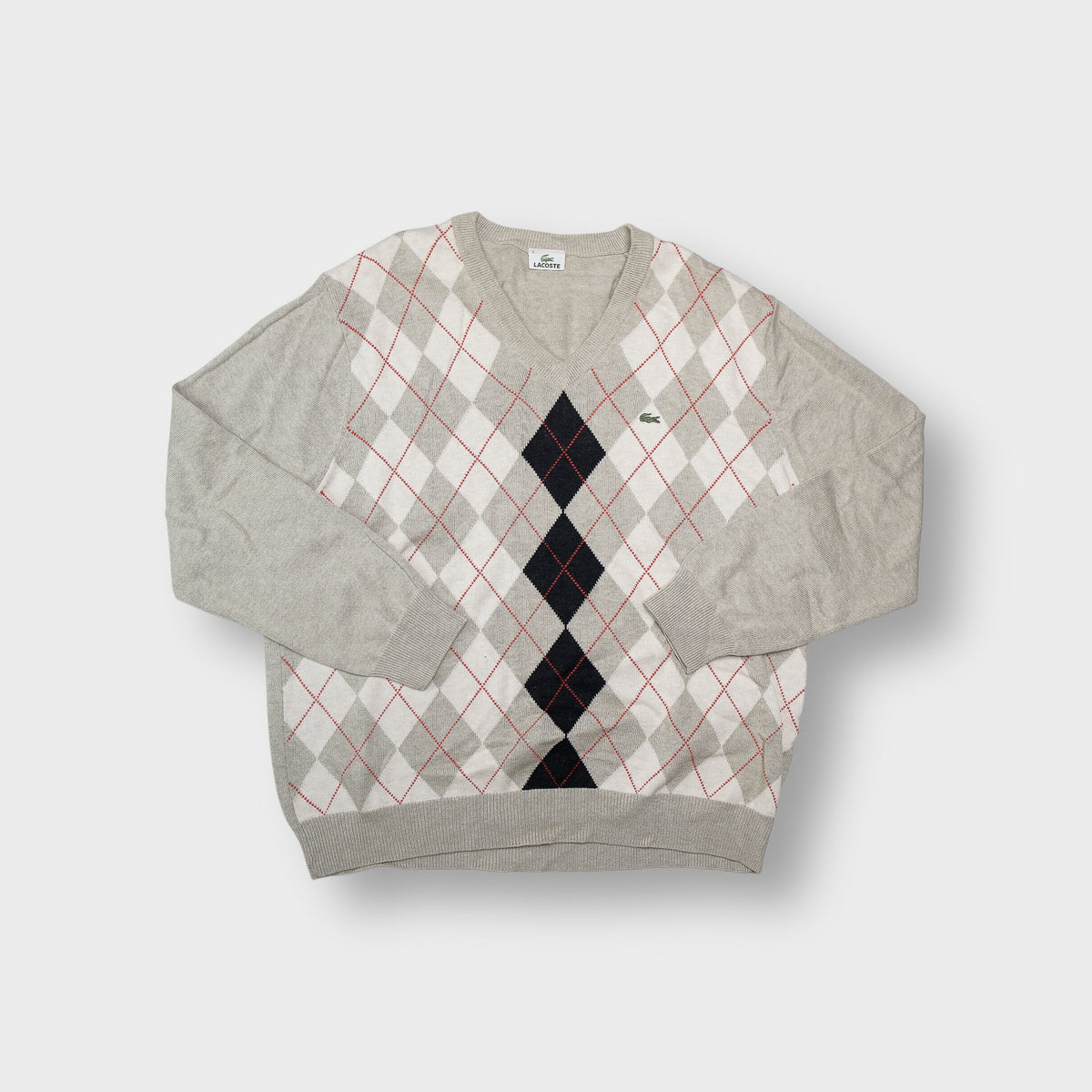 Lacoste knit sweater in beige with argyle pattern and embroidered crocodile logo