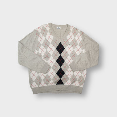 Lacoste knit sweater in beige with argyle pattern and embroidered crocodile logo