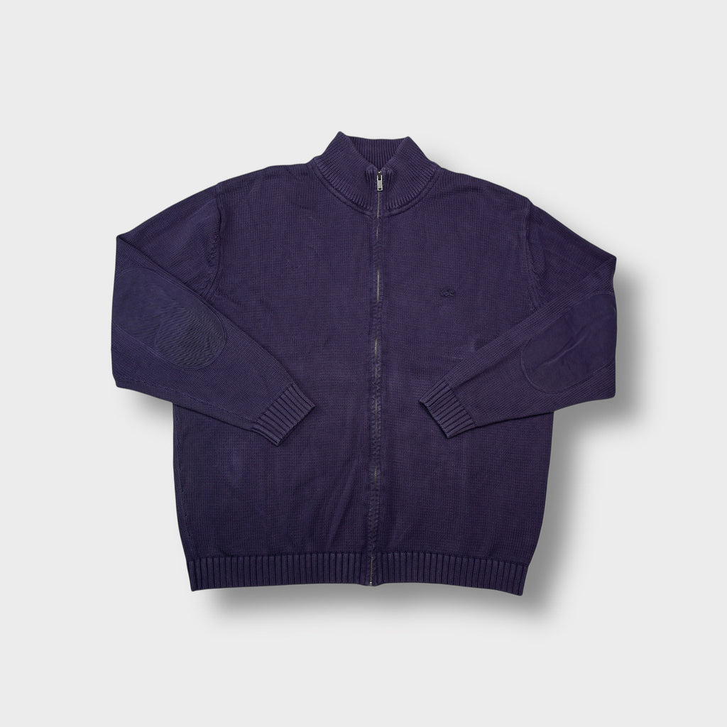 Lacoste full-zip knit jacket in purple featuring tone-on-tone elbow patches and a high collar.