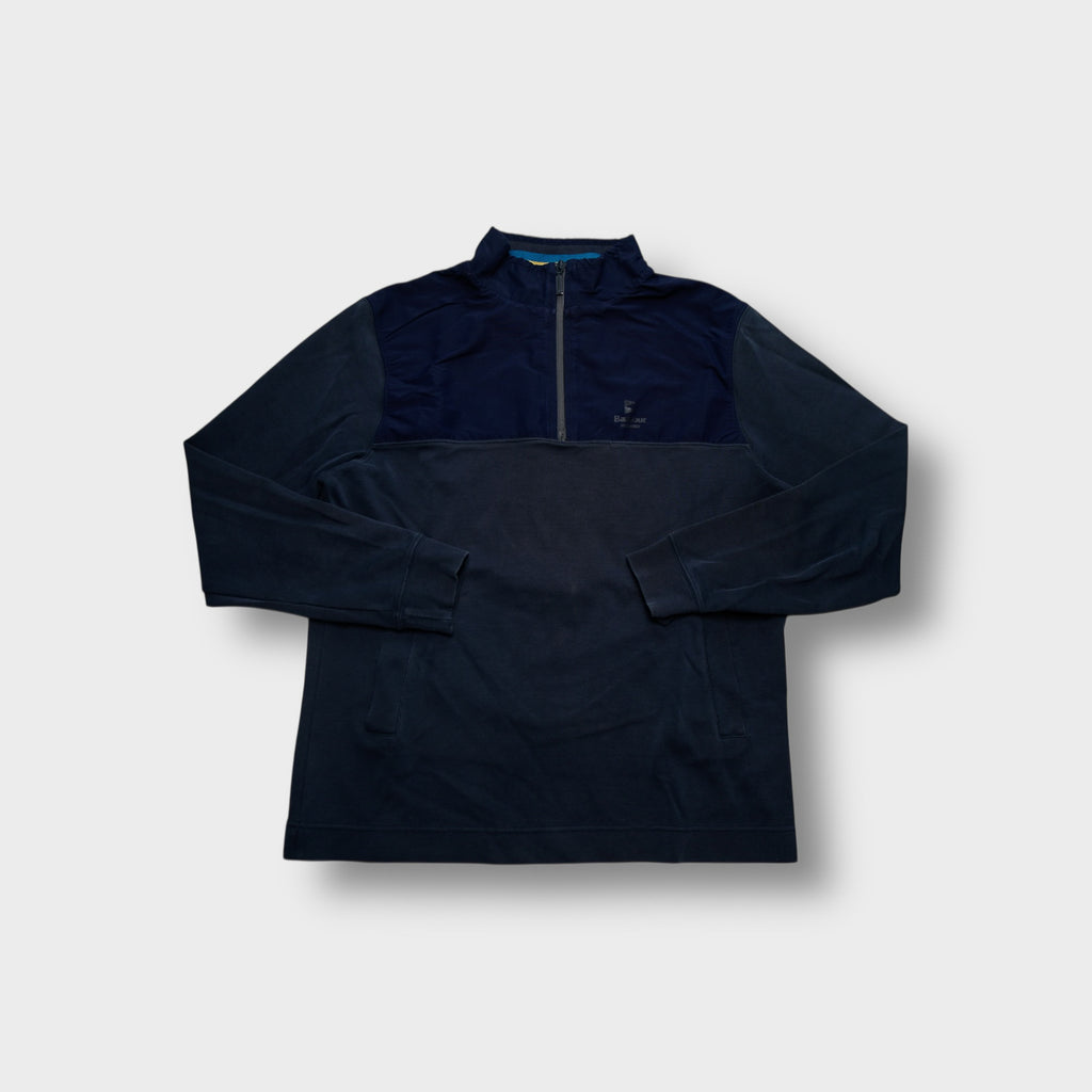 Blue Barbour sweater with a half-zip neckline and embroidered chest logo