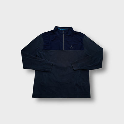 Blue Barbour sweater with a half-zip neckline and embroidered chest logo